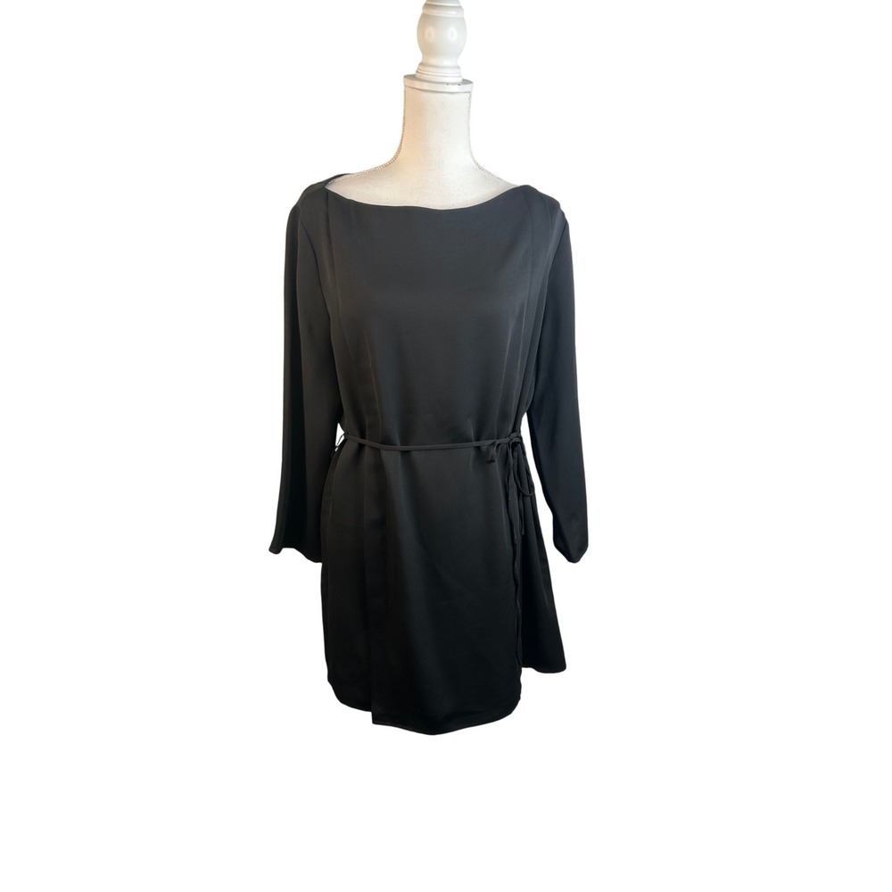 Halston‎ Heritage Black Long Sleeve Belted Classic Career Shift Dress Size Small
